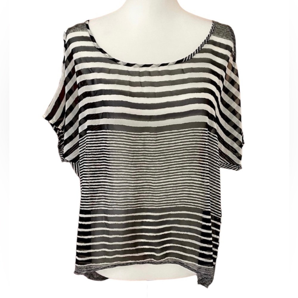 One Clothing Black and White Open Shoulder Sheer Flowy top Size Large